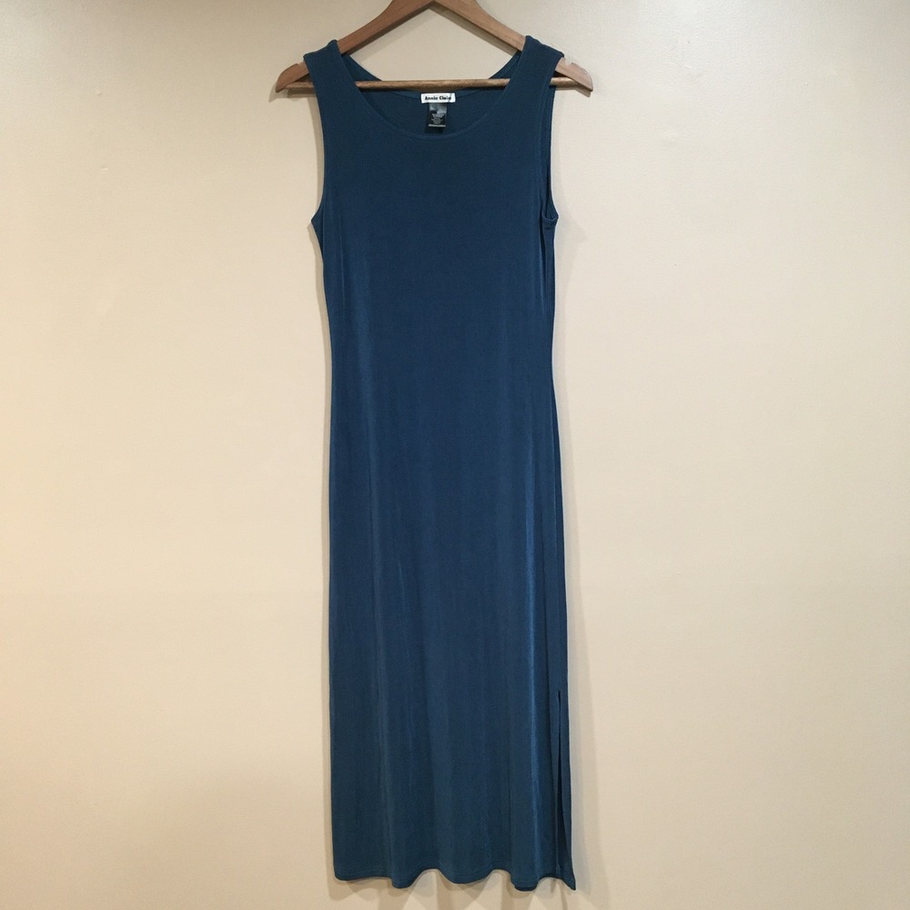 Annie Claire Sleeveless Maxi Dress Women S Teal Blue Liquid Knit Minimalist Long